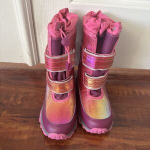 Lands End Girls Outdoor Snow Rain Boots US 13M Pink Fleece Lined Hook Loop